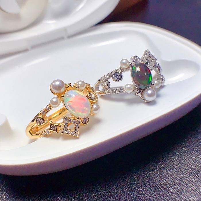 black white natural opal ring