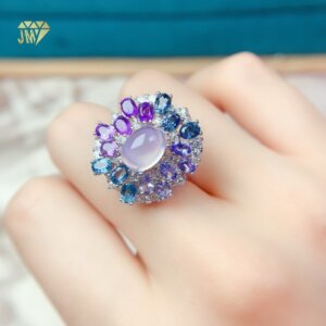 London Blue Topaz Ring White Gold Adjustable Sterling Silver with Amethyst & Natural Tanzanite