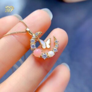 Sterling Silver Crescent Opal Butterfly Necklace with Pearl