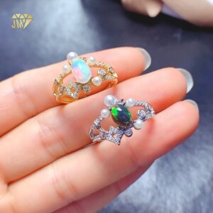 Natural White & Black Opal Engagement Ring Adjustable18k Yellow Rhodium Plated